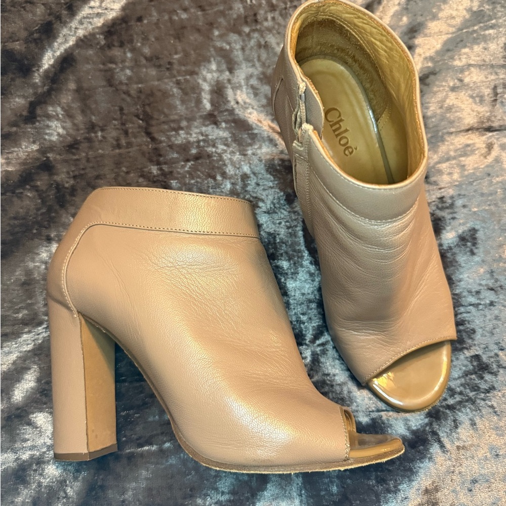 SOLD - Chloe Tan Leather Peep-Toe Heeled Boots